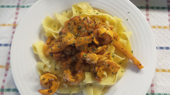 Pappardelle with Shrimp, Sweet Potato, Leeks, Garlic & Spicy Plum Tomato Sauce (photos & des
