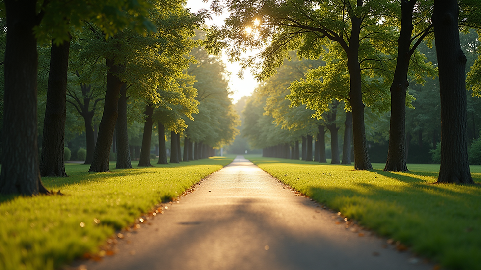 Eye-level view of a serene park with a walking path