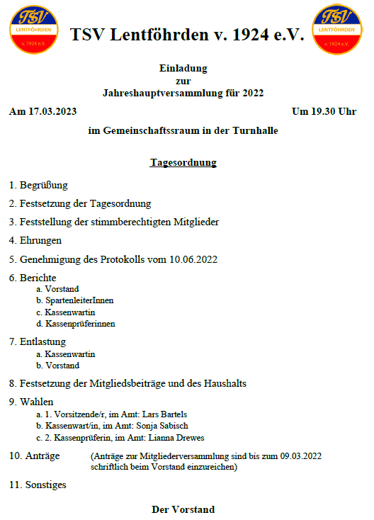 Einladung zur unserer Jahreshauptversamm- lung 2023