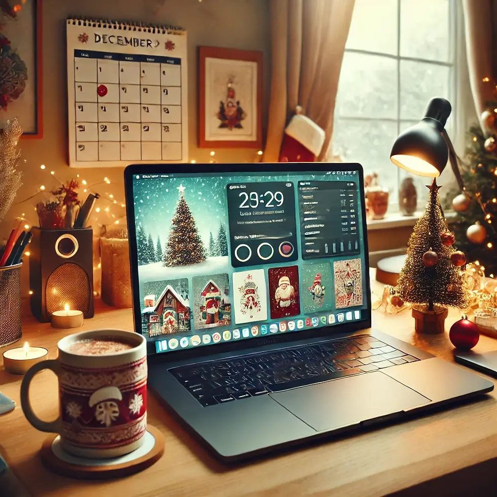 A cozy home office decorated for the holidays, featuring a clean desk with a laptop displaying a festive dashboard, a small Christmas tree, string lights, and a cup of hot cocoa. The window shows a snowy landscape outside, creating a warm and inviting atmosphere.