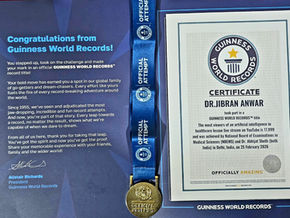 Remarkable achievement by Dr. Jibran Anwar: Guinness World Record certificate and medallion of participation