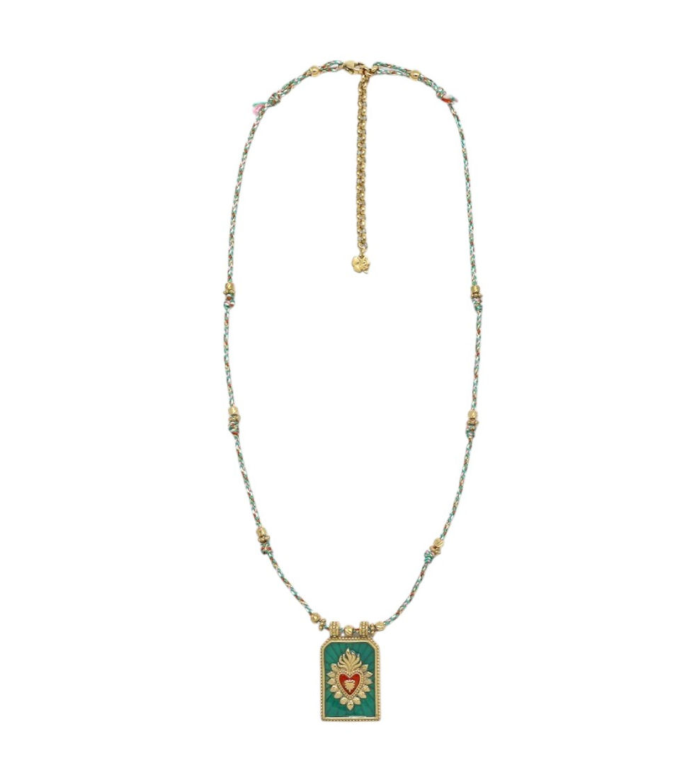 Miniature : Collier Médaille Ex-voto Cœur Rayonnant Laque Emaillée Taille : 42 + 5 cm
