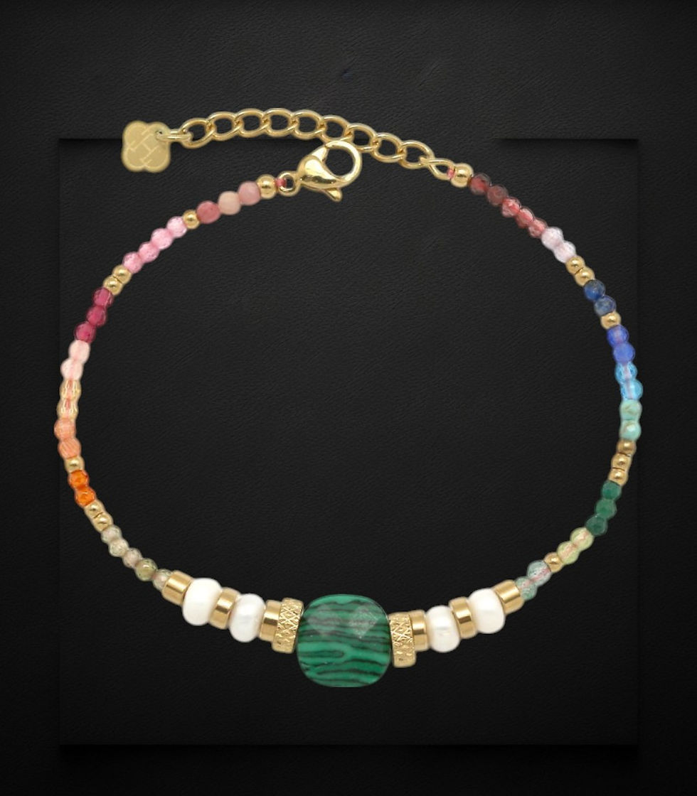 Miniature : Bracelet Multi Pierres Naturelles, Malachite Carré,  Perles d'eau (réglable)