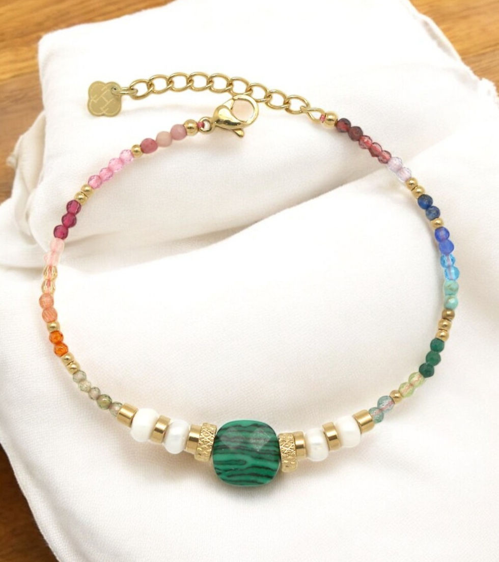 Miniature : Bracelet Multi Pierres Naturelles, Malachite Carré,  Perles d'eau (réglable)