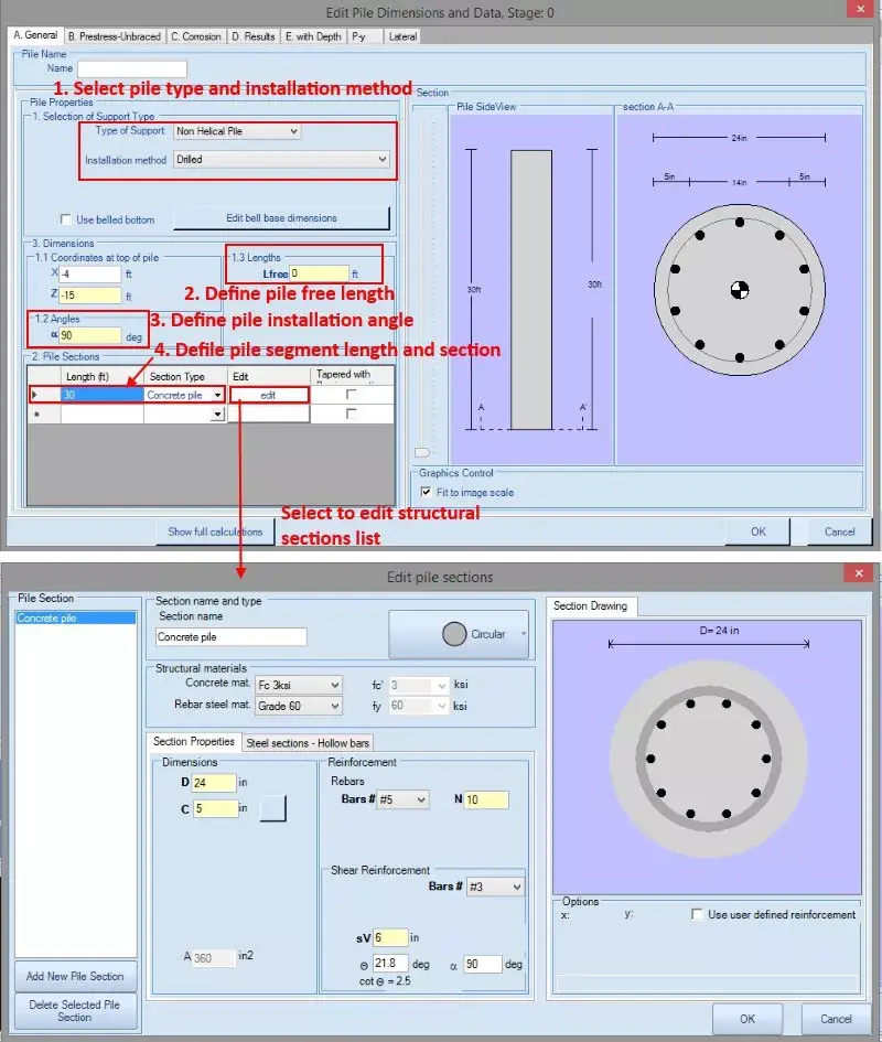 Define pile type and structural section