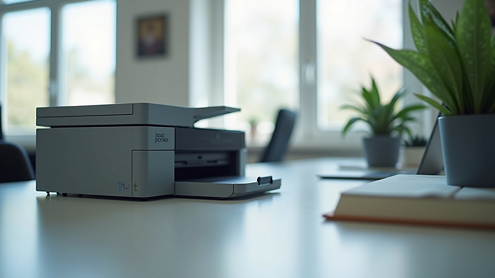 Eye-level view of a modern office printer in a bright workspace