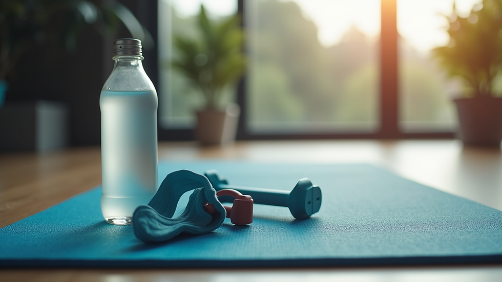 Eye-level view of a fitness mat with a water bottle and resistance bands