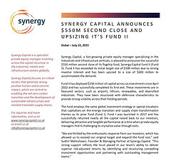 Synergy Capital announces $550M second close and upsizing it's Fund II