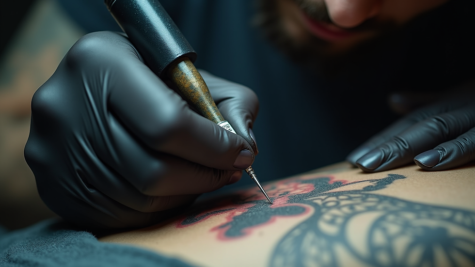 Close-up view of a tattoo artist preparing ink and needles for a session