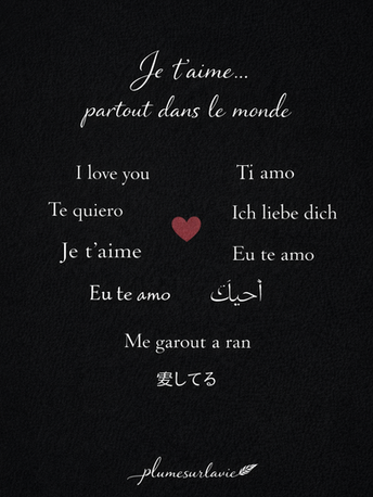 Affiche avec citation " je t'aime" dans plusieurs langues sur fond noir avec texte blanc et cœur rouge.