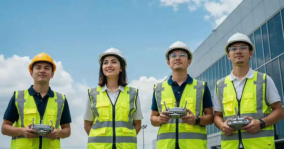 Group of drone operators wearing safety vests during outdoor training in Thailand.