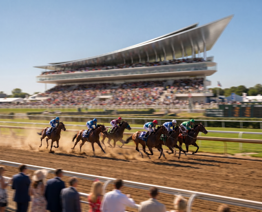 Racecourse visualization by GAD showing horses racing in front of a blurred crowd and grandstand, capturing the speed and energy of race day.