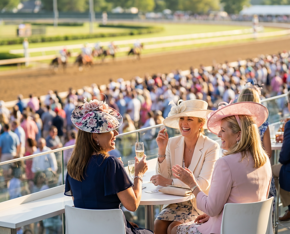 Luxury racecourse hospitality visualization by GAD showing guests in elegant hats enjoying drinks on a balcony overlooking the track and race day crowd.