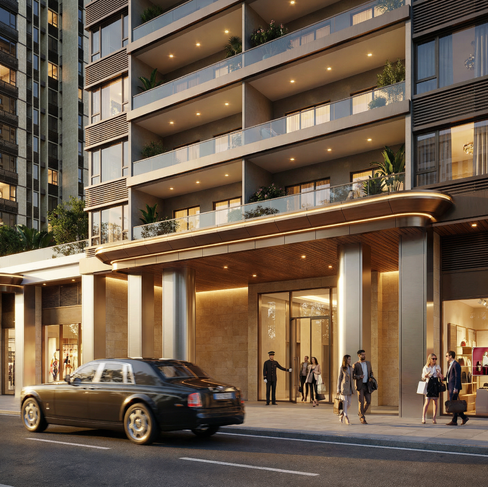 Luxury residential entrance visual with premium drop-off, retail frontage and concierge arrival experience