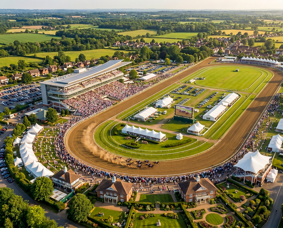 From track geometry to crowd movement, this aerial visual frames the racecourse as a complete event landscape — architecture, sport, hospitality, and atmosphere working together.