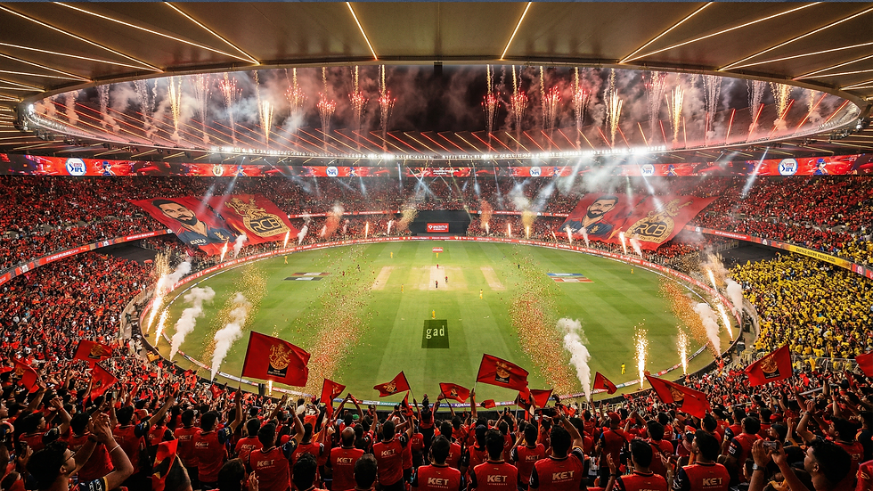 RCB inspired cricket stadium interior celebration with fireworks and crowd