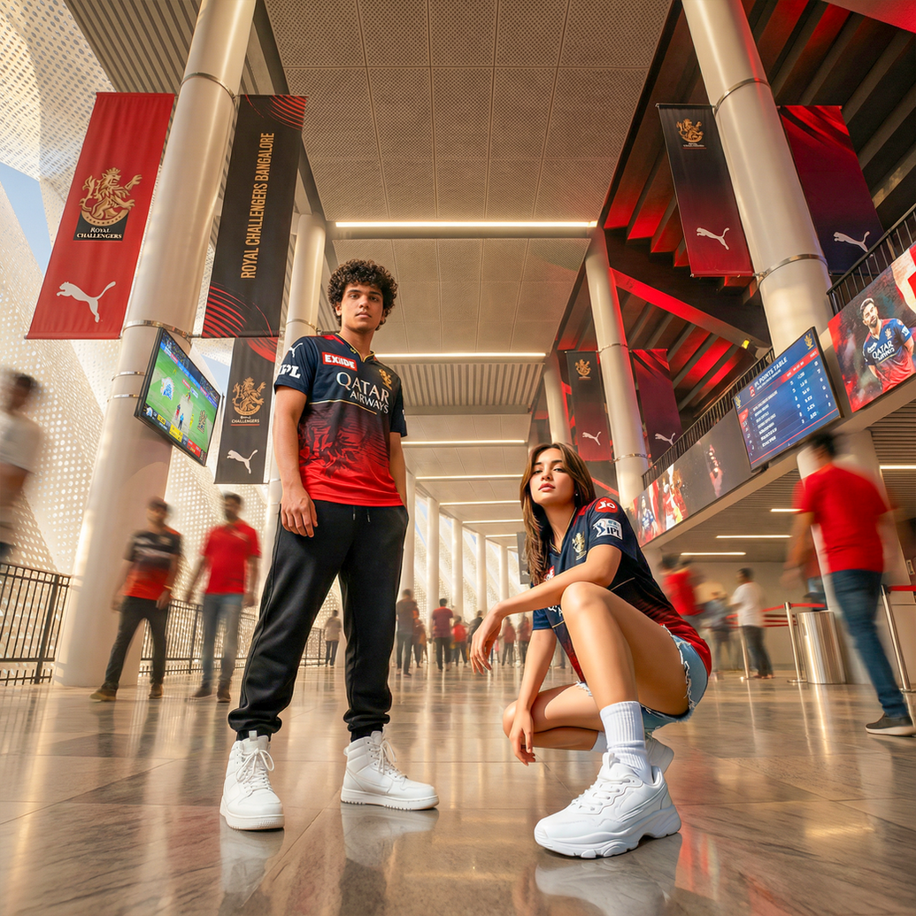 Cricket stadium concourse architectural visualization with fans and branding