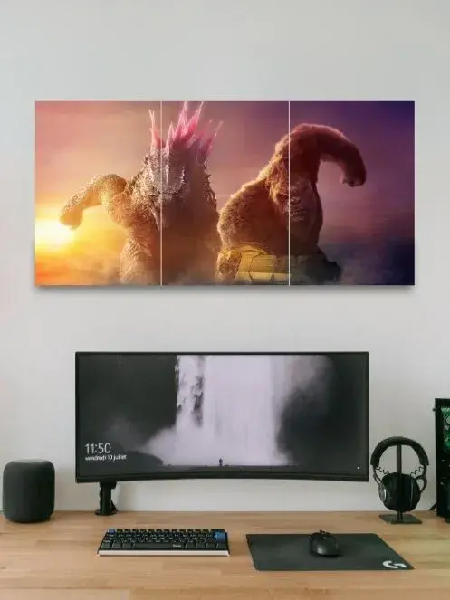 Godzilla and Kong face off, a 3 split poster. Godzilla x Kong | Movie Poster | 3 Split Poster
