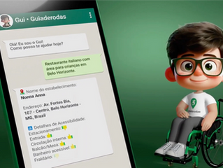 Tela de celular com uma simulação de conversa com o assistente virtual Gui. Ele é personificado como um jovem cadeirante de pele branca, usuário de óculos e de cabelos pretos vestindo camisa branca com o logotipo do app, calça cinza e sapatos brancos.