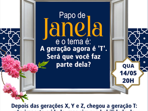 Imagem do convite do POAPO DE JANELA onde há uma janela aberta com flores e na área central texto com nome do evento