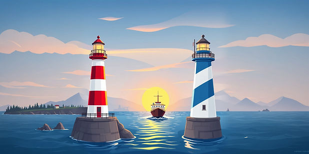 2 lighthouses guiding a ship to shore