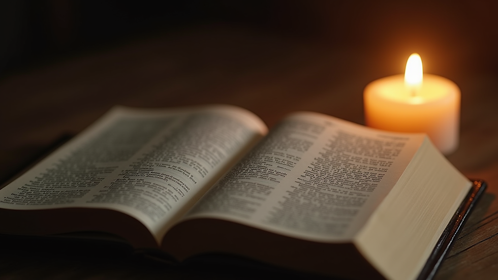 Close-up view of an open Bible with a candlelight beside it