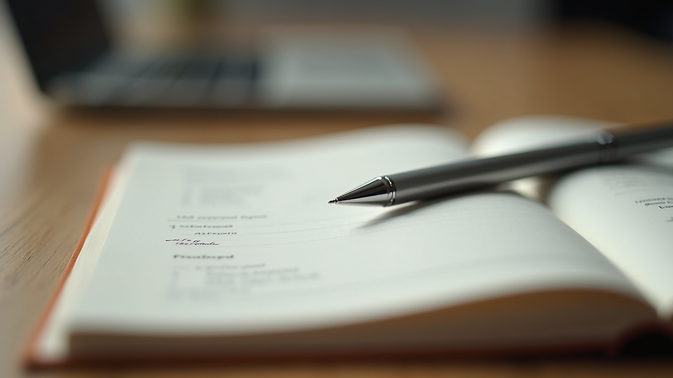 Close-up view of a journal and pen on a wooden table