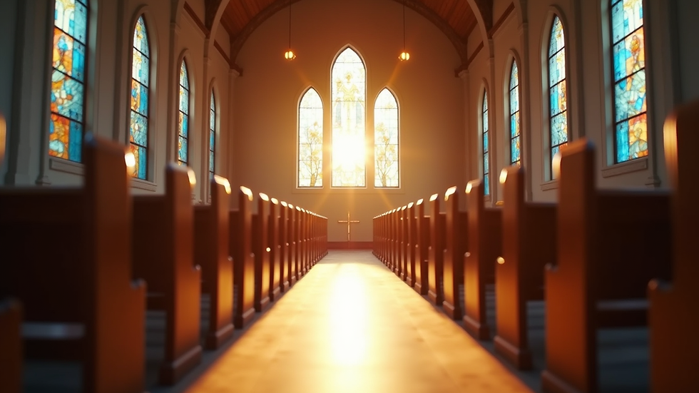 Eye-level view of a serene chapel interior with sunlight streaming through stained glass windows