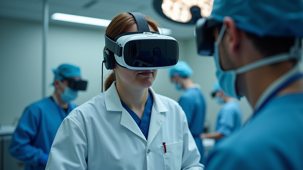Eye-level view of a healthcare professional using a virtual reality headset for surgical training