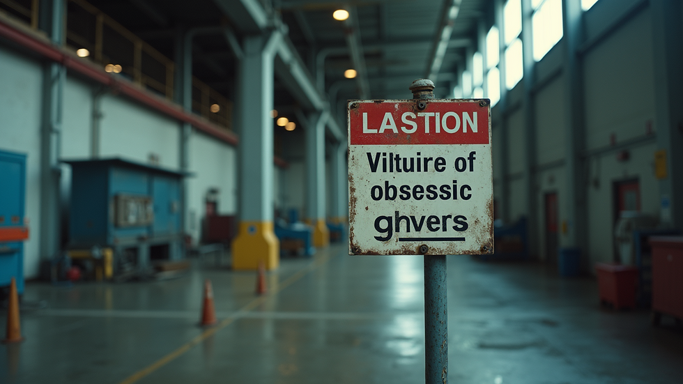 Eye-level view of an industrial building with asbestos warning signs