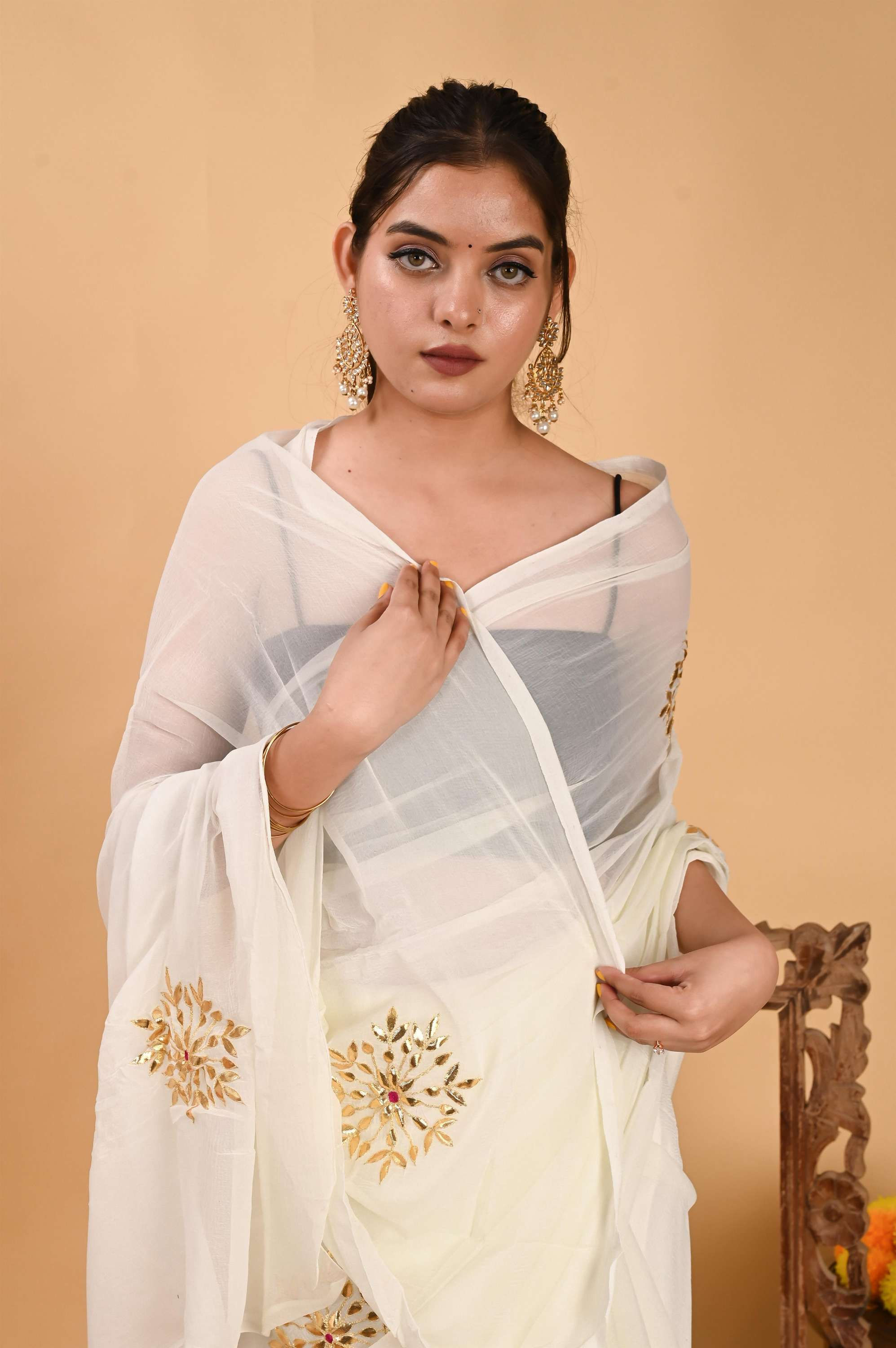 Chiffon cream Shade saree