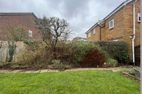 Neatly trimmed garden, with hedges and trees