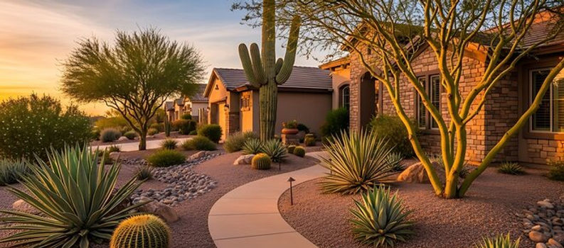 Beautiful desert home with a winding walkway and cactus garden during a warm golden sunset