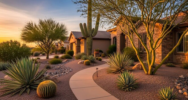 Beautiful desert home with a winding walkway and cactus garden during a warm golden sunset