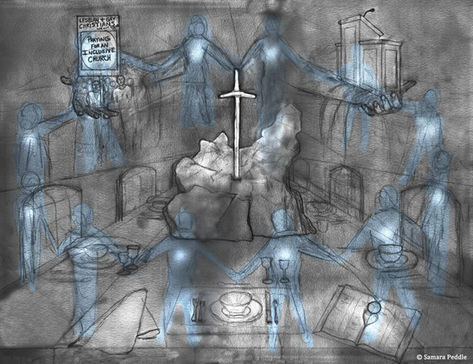 table of Christ, place settings prepared. rock with a sword coming out of it. bodies of believers holding hands. God's hands are holding out images of gay christians praying for an inclusive church. a pulpit lectern
