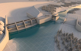 Modélisation 3D d’un barrage moderne avec plusieurs vannes permettant de contrôler le débit d’un cours d’eau. Ce type d’infrastructure est utilisé pour la régulation des crues, la navigation ou la production hydroélectrique. L’environnement montre une rivière bordée de forêts et de reliefs.