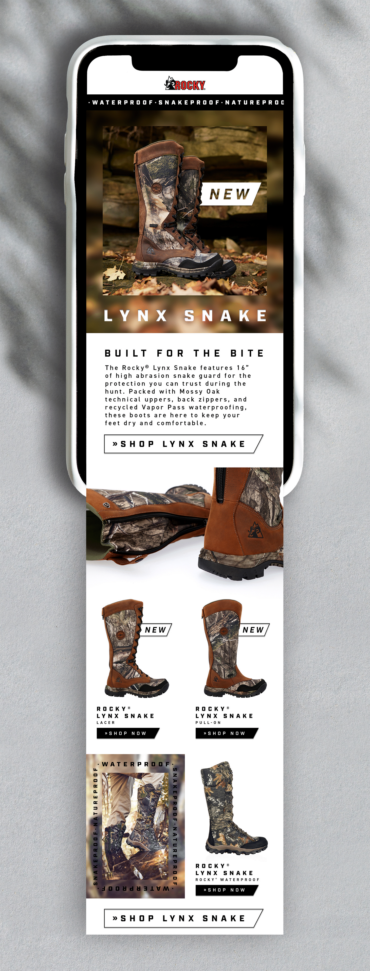 Rocky Lynx Snake email mock-up on smartphone screen extending beyond the screen bounds