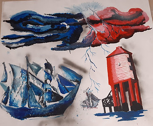 painting in primary blue and red. A ship, dry brushed in blue. A red barn on stilts.