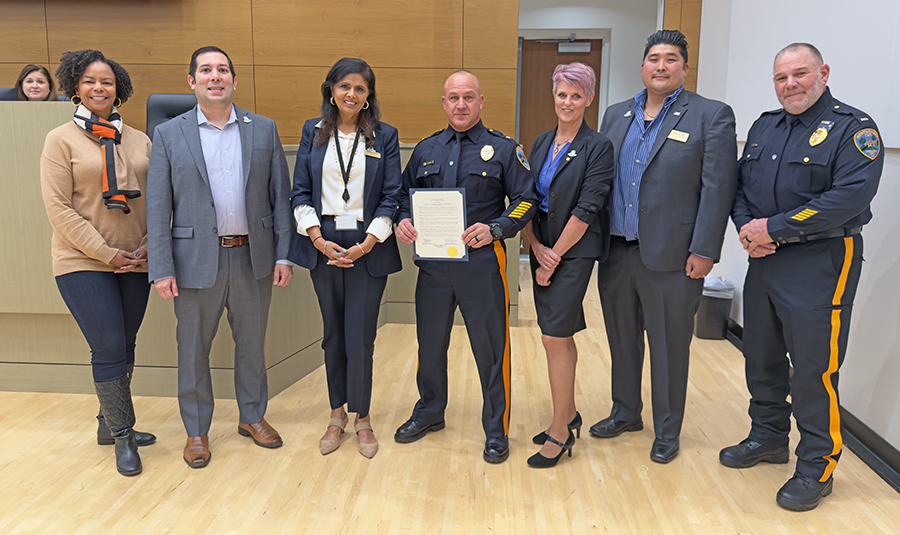 Montgomery Township Administrator Lori Savron (seated), Committeewoman Patricia Taylor Todd, Deputy Mayor Vince Barragan, Mayor Neena Singh, Chief Silvio Bet, Committeewoman Devra Keenan, Committeeman Dennis Ahn, and Lt. Kurt Rock.