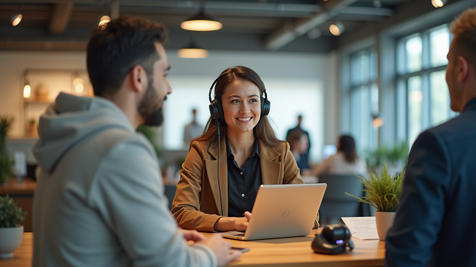 Eye-level view of a customer service desk with a friendly representative ready to assist