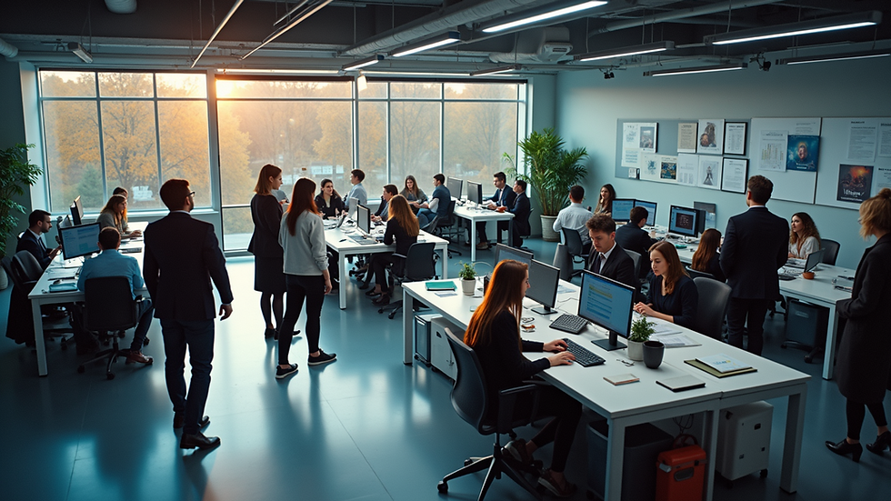 High angle view of a bustling office space with individuals engaged in digital marketing activities