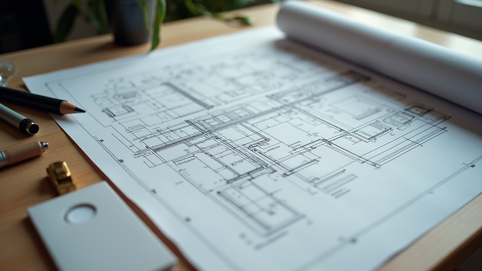 High angle view of architect’s desk with blueprints and design tools