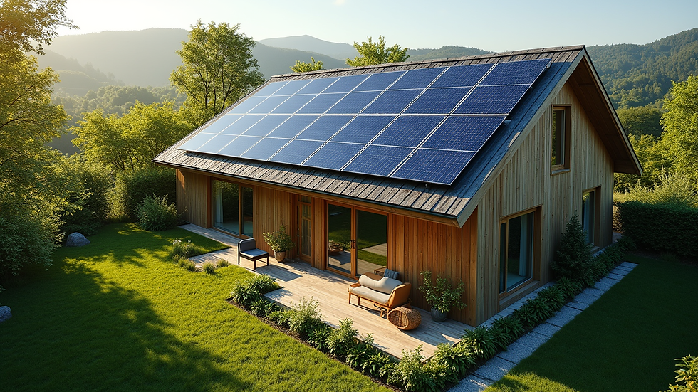 High angle view of a sustainable home exterior with solar panels and greenery