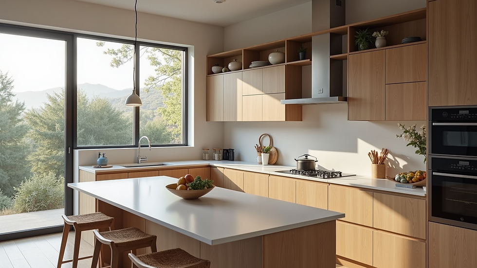 High angle view of a modern kitchen with smart appliances and open-plan design