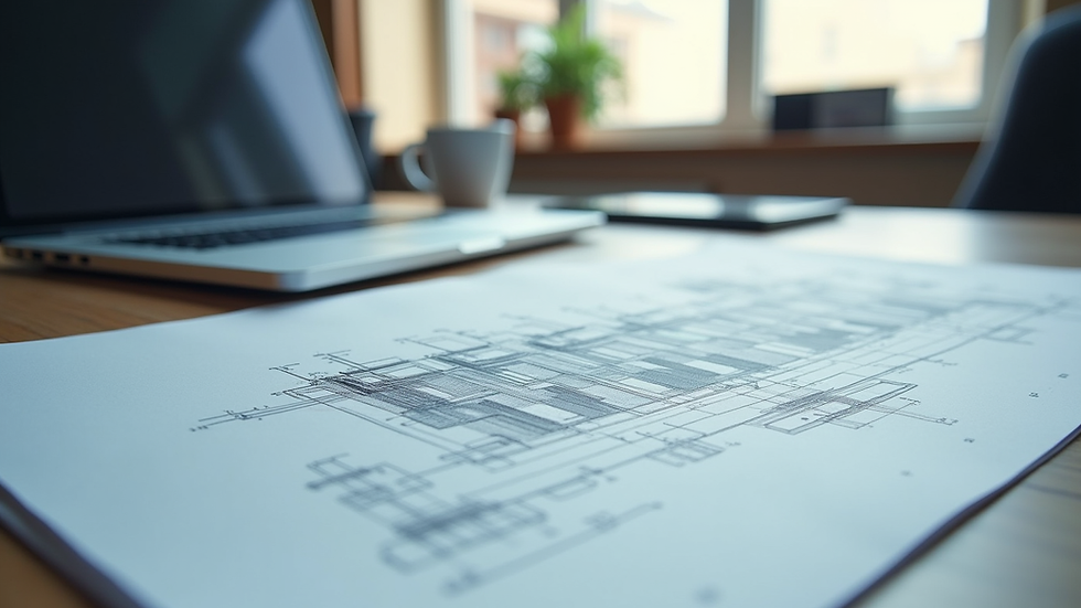 Wide angle view of a modern architectural blueprint on a desk