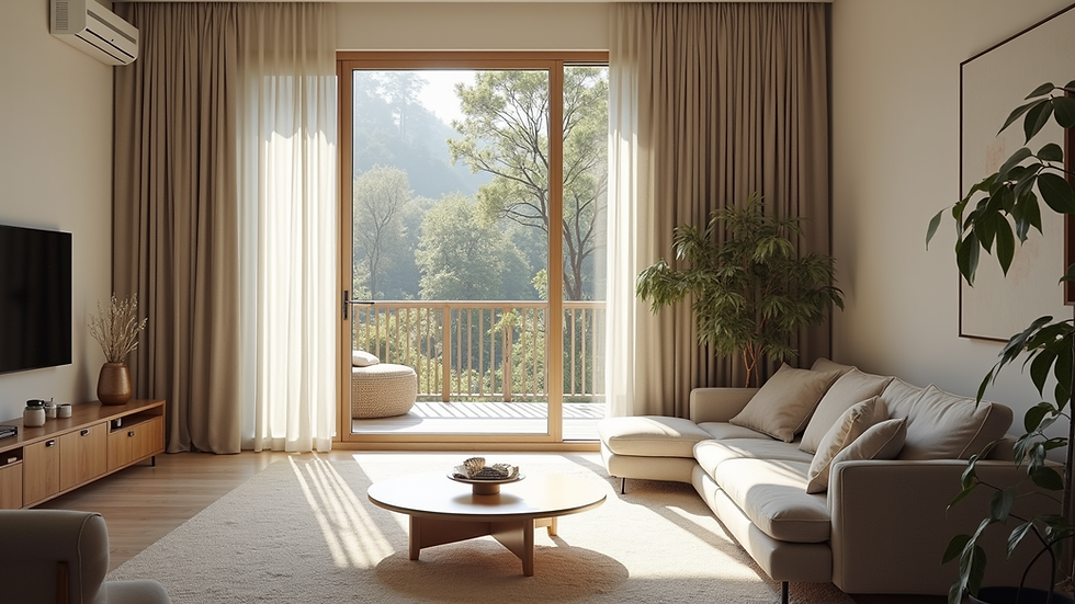 High angle view of an open-plan living area with distinct zones and natural light