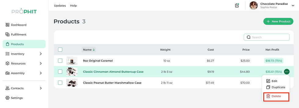 Deleting a product in Prophit