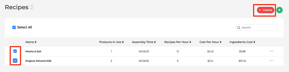 Deleting multiple recipes on Prophit