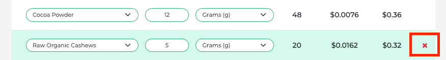 Deleting product recipe add-ons in Prophit