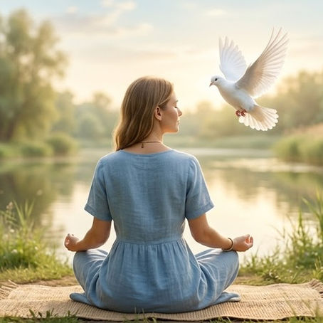 A peaceful image of a woman meditating by a calm river, facing a flying white dove. She wears a blue dress and sits on a natural mat surrounded by lush, sunlit greenery.